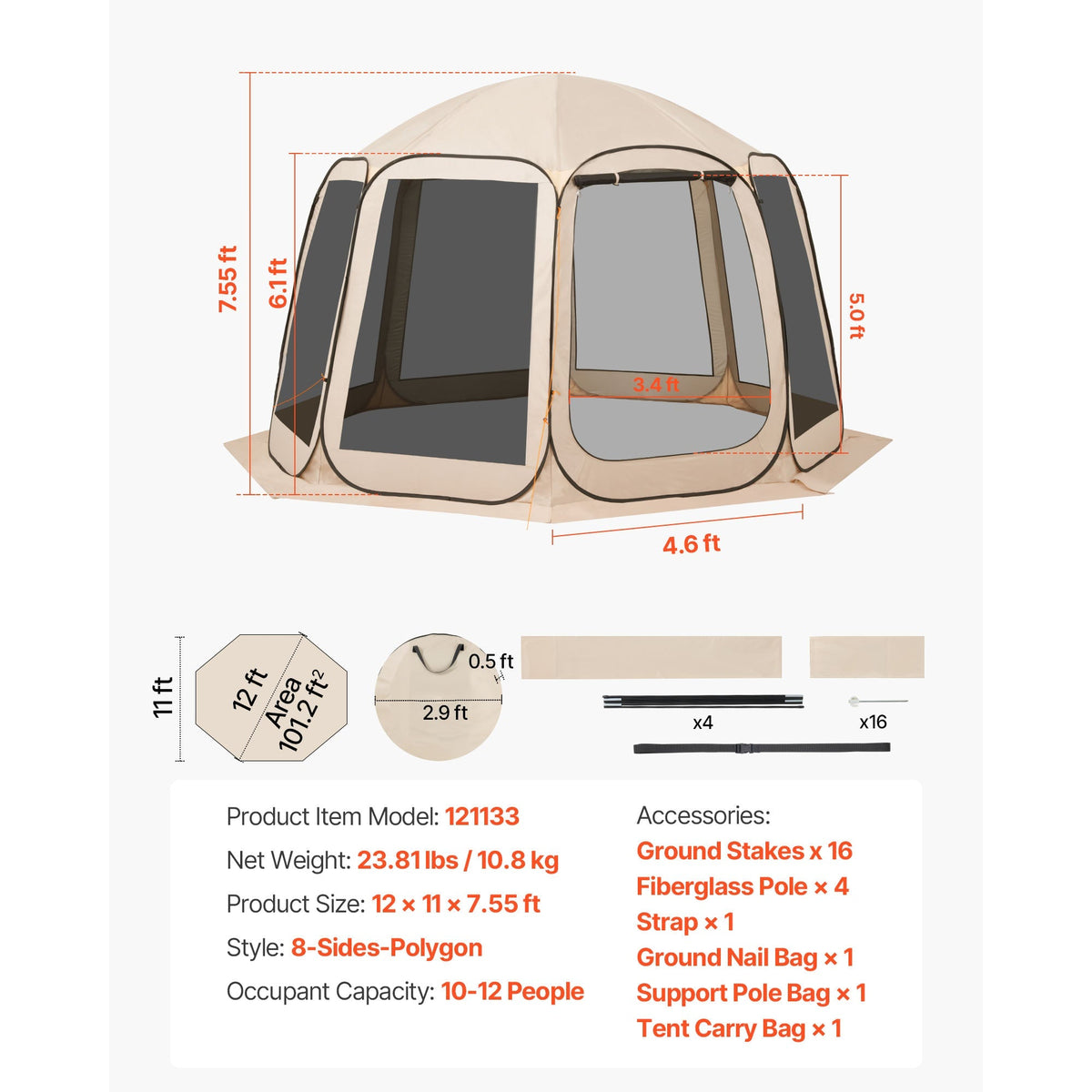 Screen House Tent, 12 x 11 ft, 10-12 Person Portable Canopy