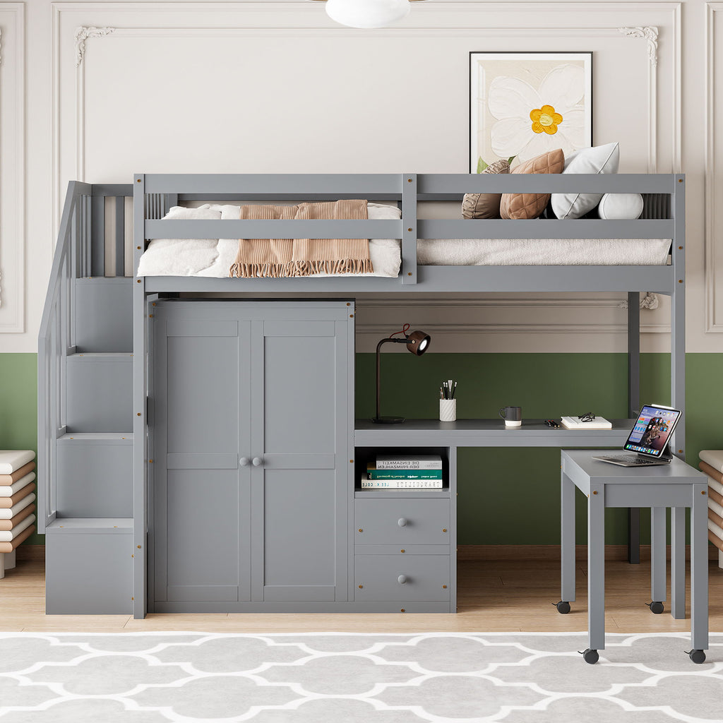Loft Bed With Stairs, Bookshelf, Drawers, Desk & Wardrobe, Space Saving Multifunctional Furniture