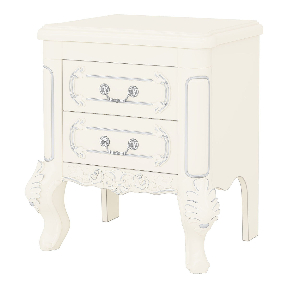 Carved Nightstand With 2 Drawers, Bedside Table - White