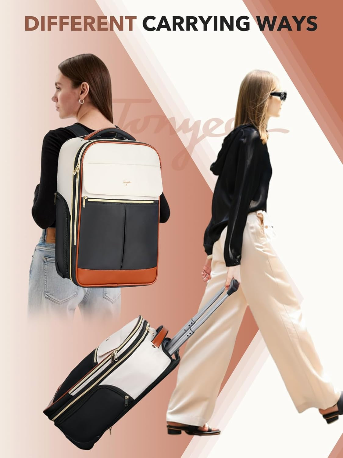 Rolling Backpack for Women, 22 Inch Carry on Luggage Suitcase Flight Approved, X Large Roller Travel Laptop Backpack with Wheels for Overnight Weekender Bussiness Work (Beige,Xl Carry on Size)