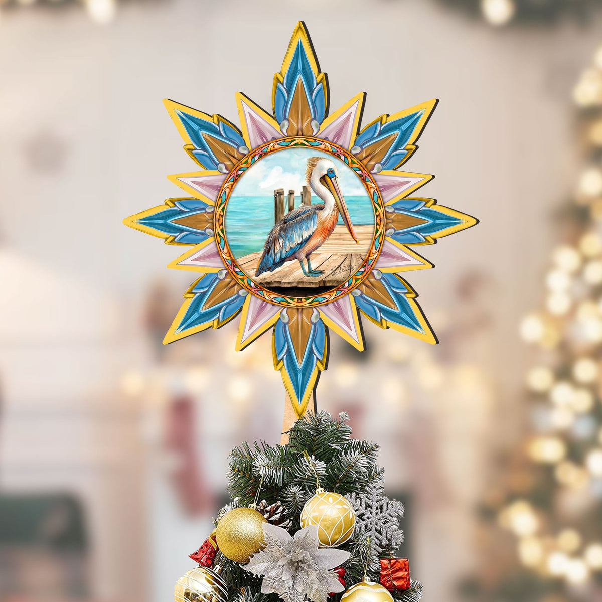 Coastal Pelican Star Tree Topper Wooden Decor by G. Debrekht - Wildlife Holiday Decor - 89514