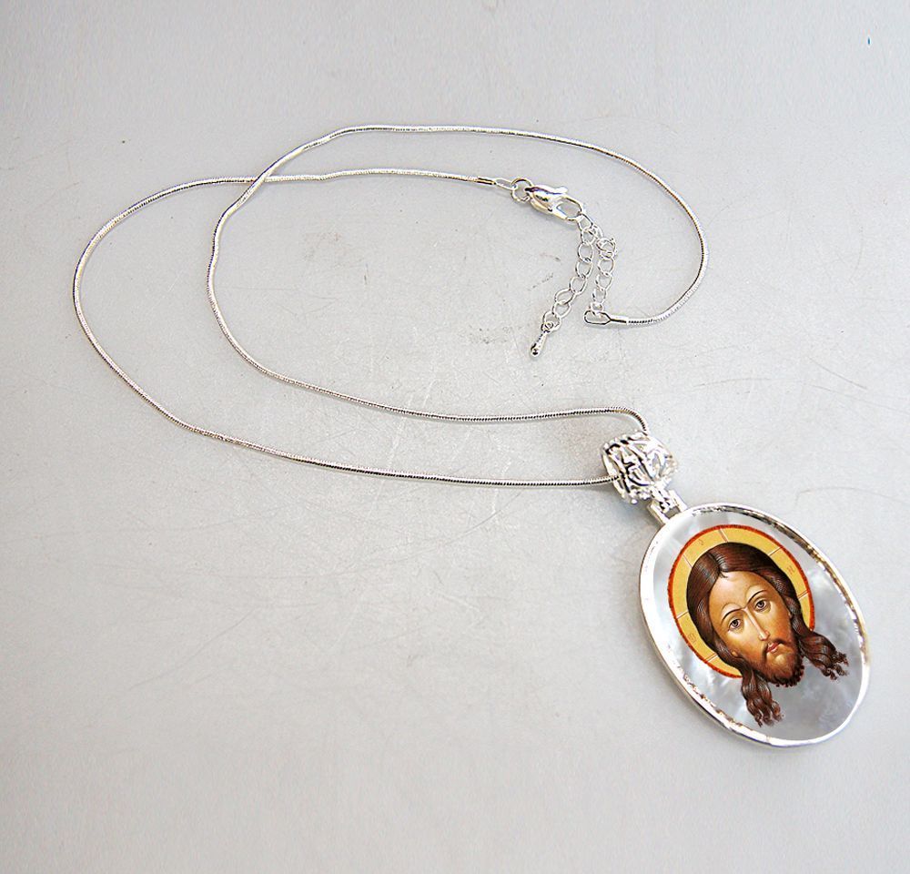 Icon of The Holy Face Silver Plated Mother of Pearl Necklace Jewelry - 43018