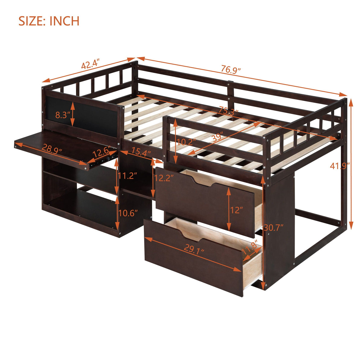Low Loft Bed With Rolling Desk, Shelf And Drawers
