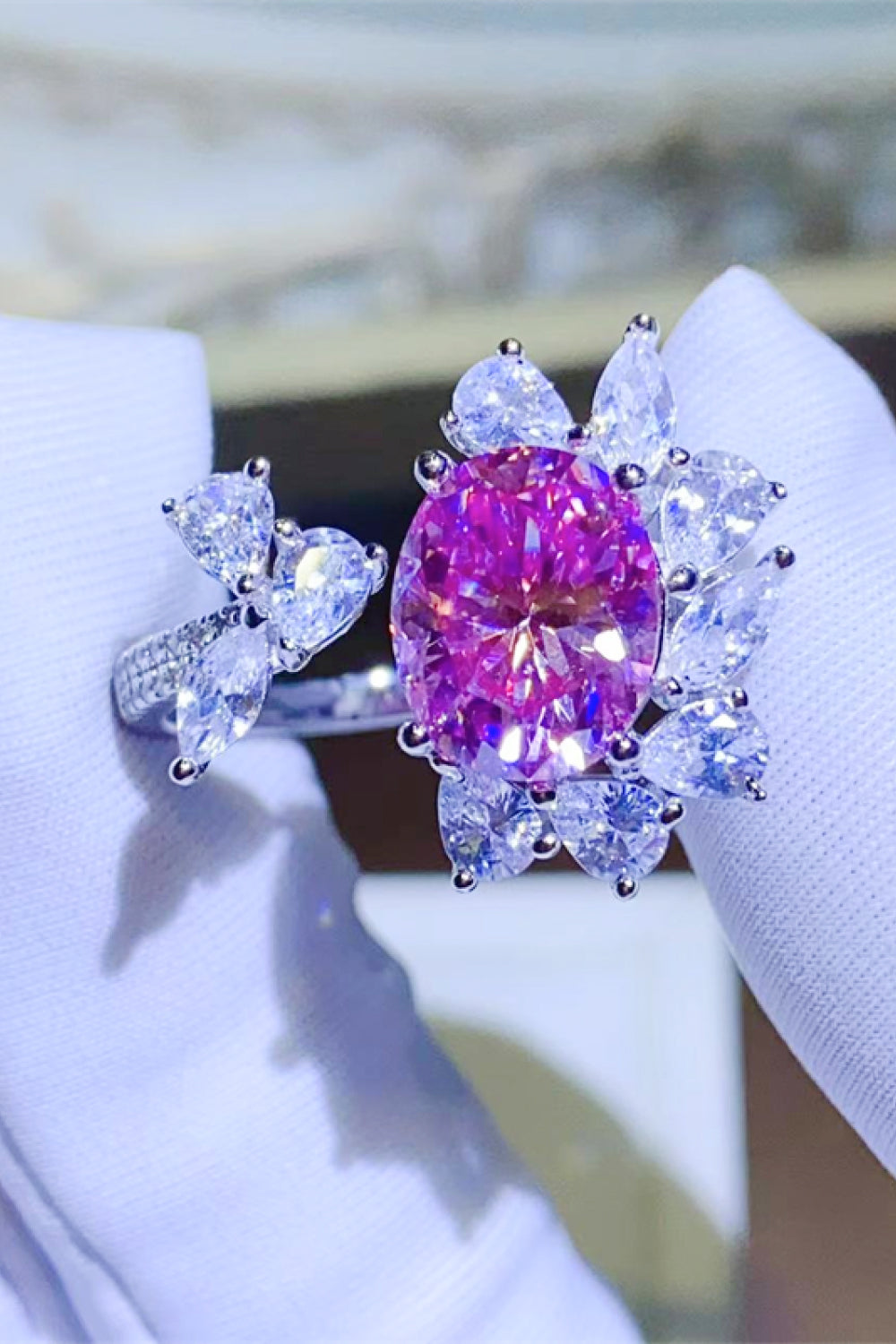3 Carat Pink Oval-Cut Sparkala™ Platinum Over Pure Sterling Silver Open Ring