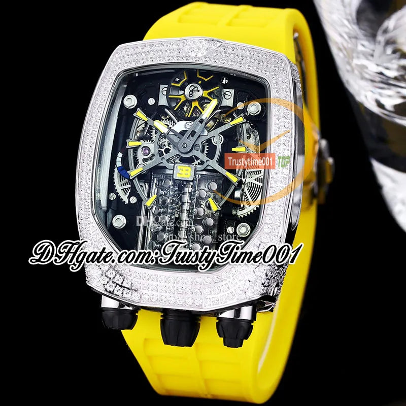 Bugatti Chiron Tourbillon Autoamtic Mens Watch 16 Cylinder Engine Skeleton Dial Iced Out Diamonds Inlay Case Blue Rubber Strap Trustytime001Watches BU200.30