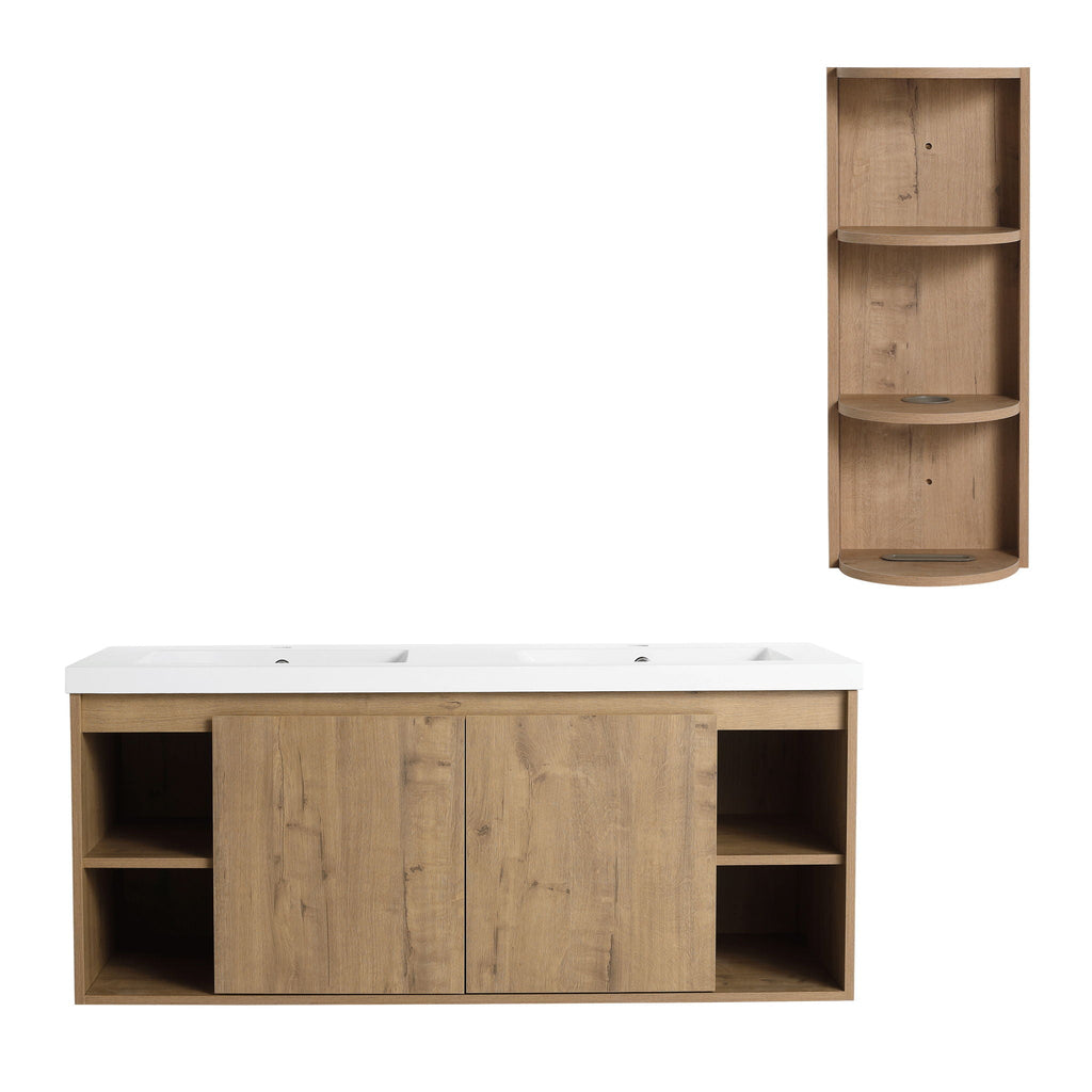 Modern 48" Wall Mounted Bathroom Vanity With Double Resin Sink And Storage Rack Soft Close Doors - Imitative Oak
