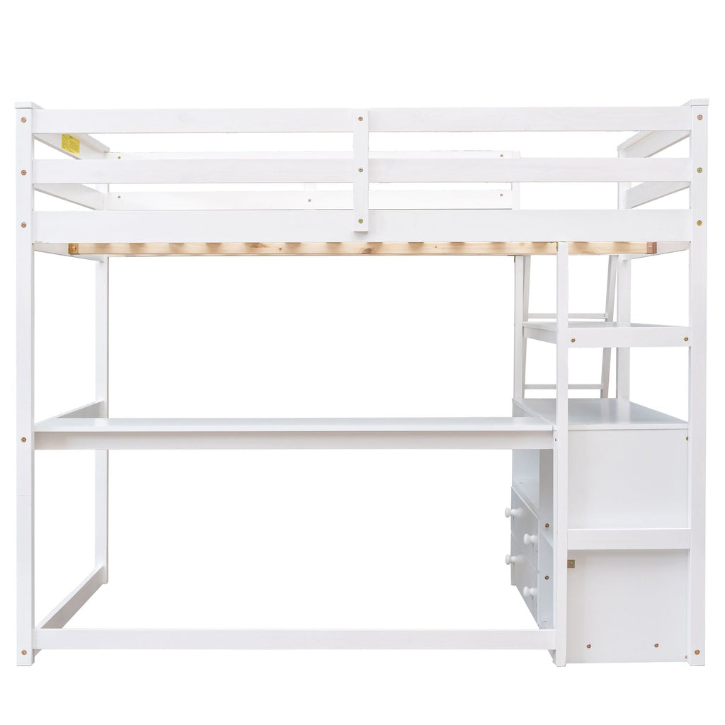 Modern Loft Bed With Built In Desk, Shelves, And 2 Drawers