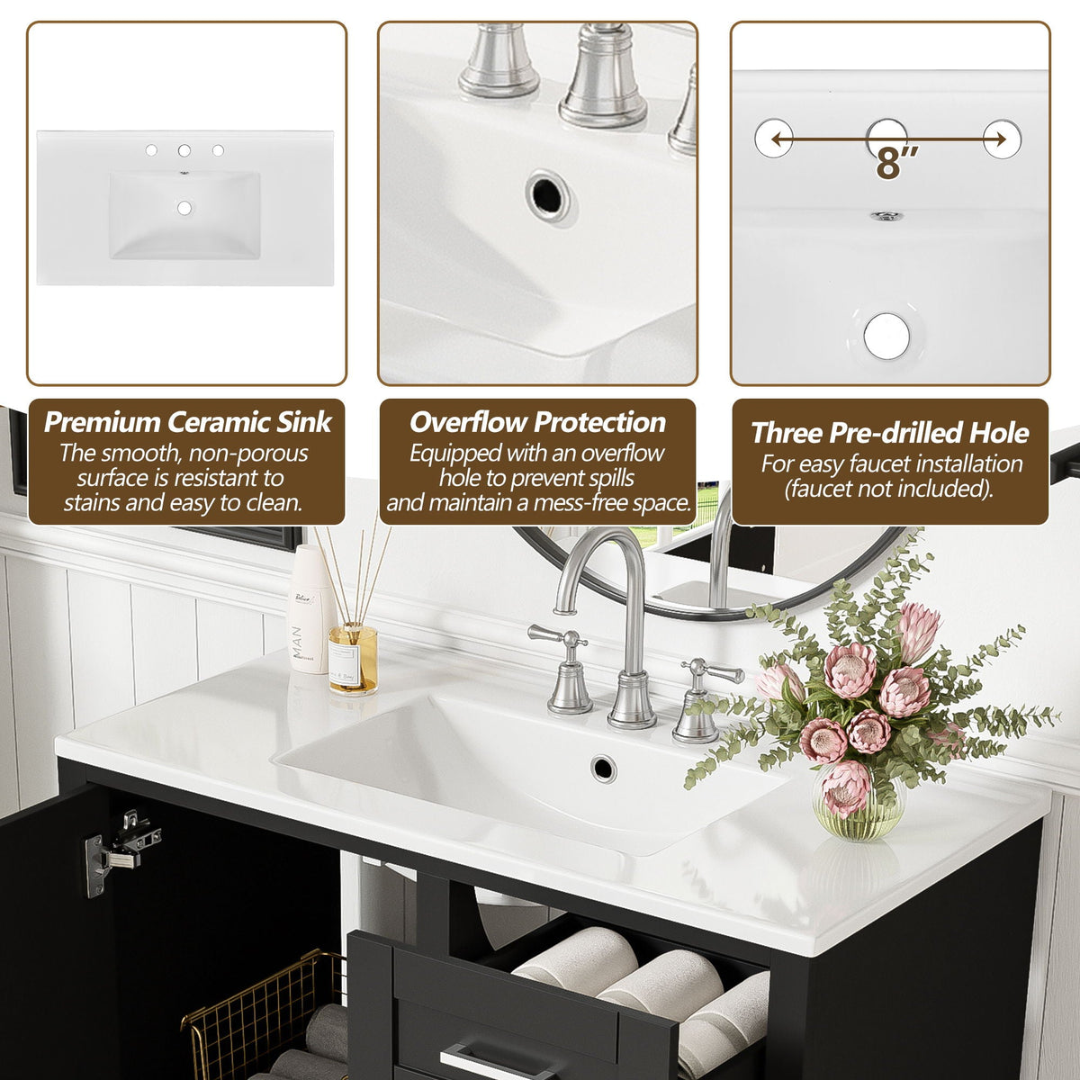 Bathroom Vanity, Modern Bathroom Cabinet With Sink Combo Set, Bathroom Storage Cabinet With A Soft Closing Door And 3 Drawers, Solid Wood Frame