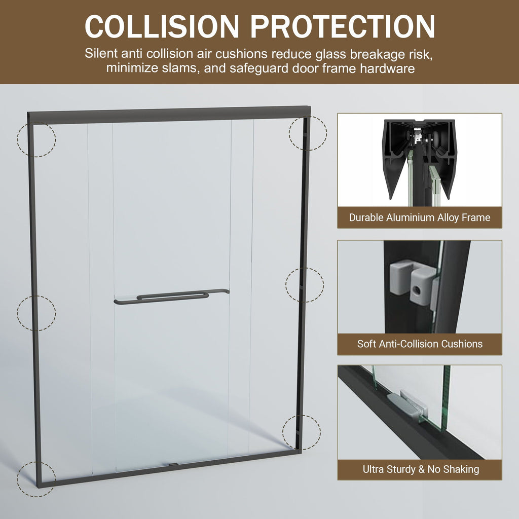 Double Sliding Shower Door, Semi-Frameless Bypass Bathroom Sliding Door With 1/4" (6 Mm) Tempered Glass For Walk-In Shower
