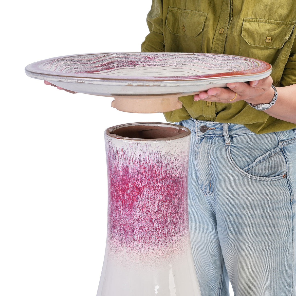 Birdbath For Patio, Garden - White / Pink
