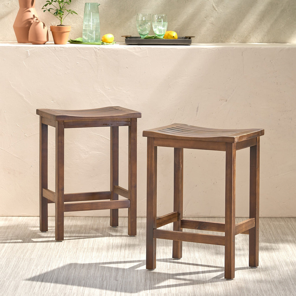 Outdoor Acacia Wood Counter Height Barstool Set of 2