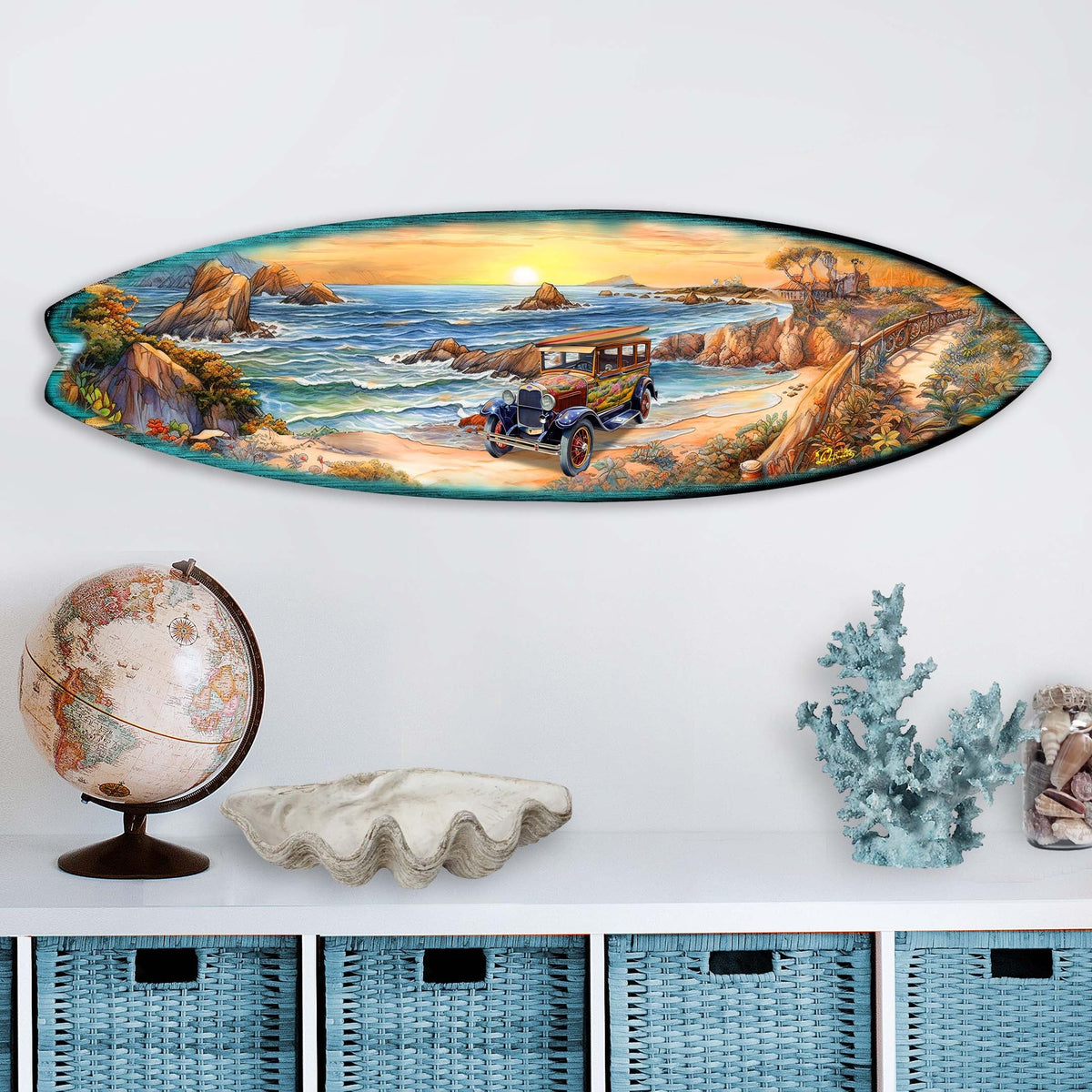 Sunrise at the Beach Surfboard Coastal Wall Art by G. DeBrekht - Coastal Holiday Decor - 8490124HS