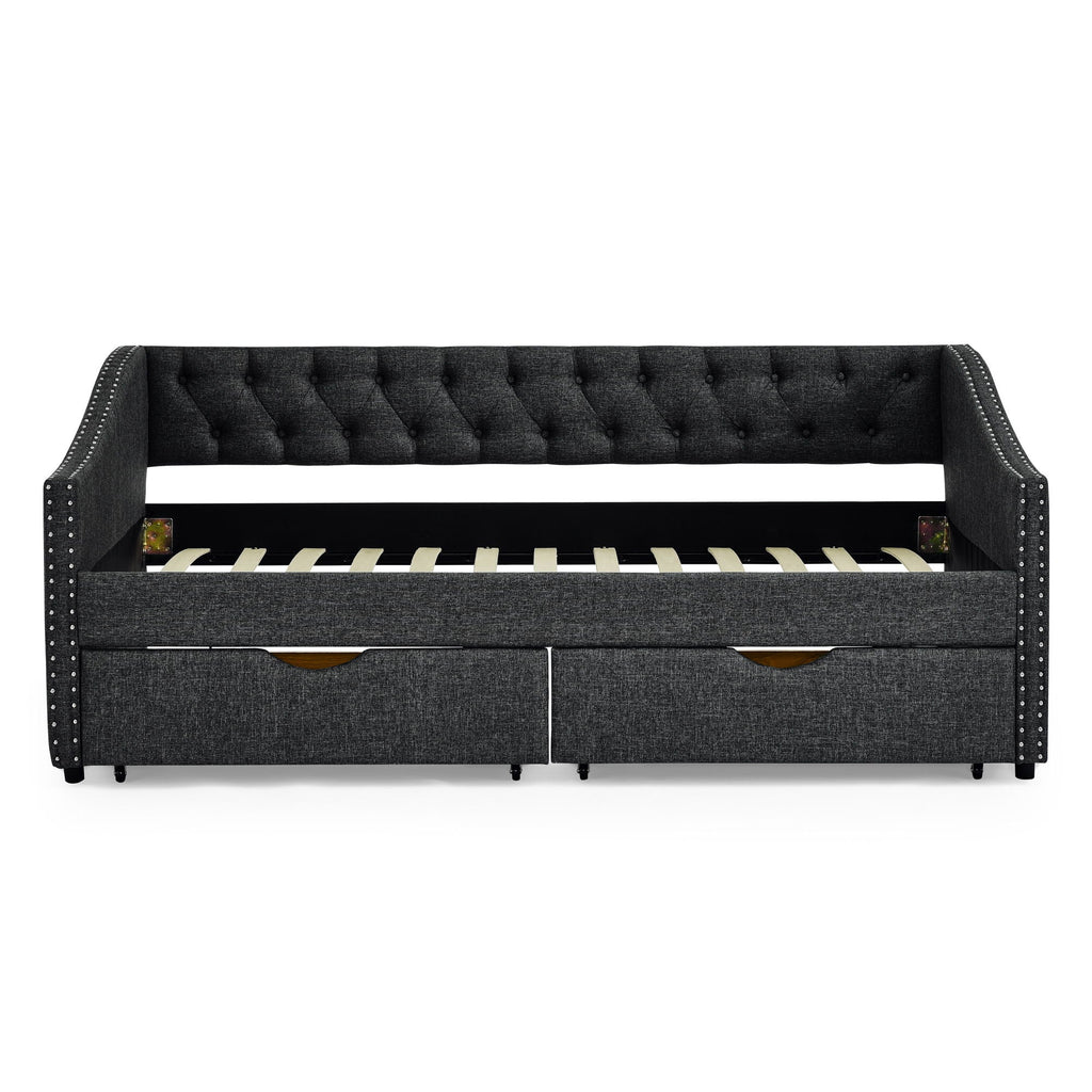 Upholstered Tufted Daybed With 2 Drawers, Waved Arms