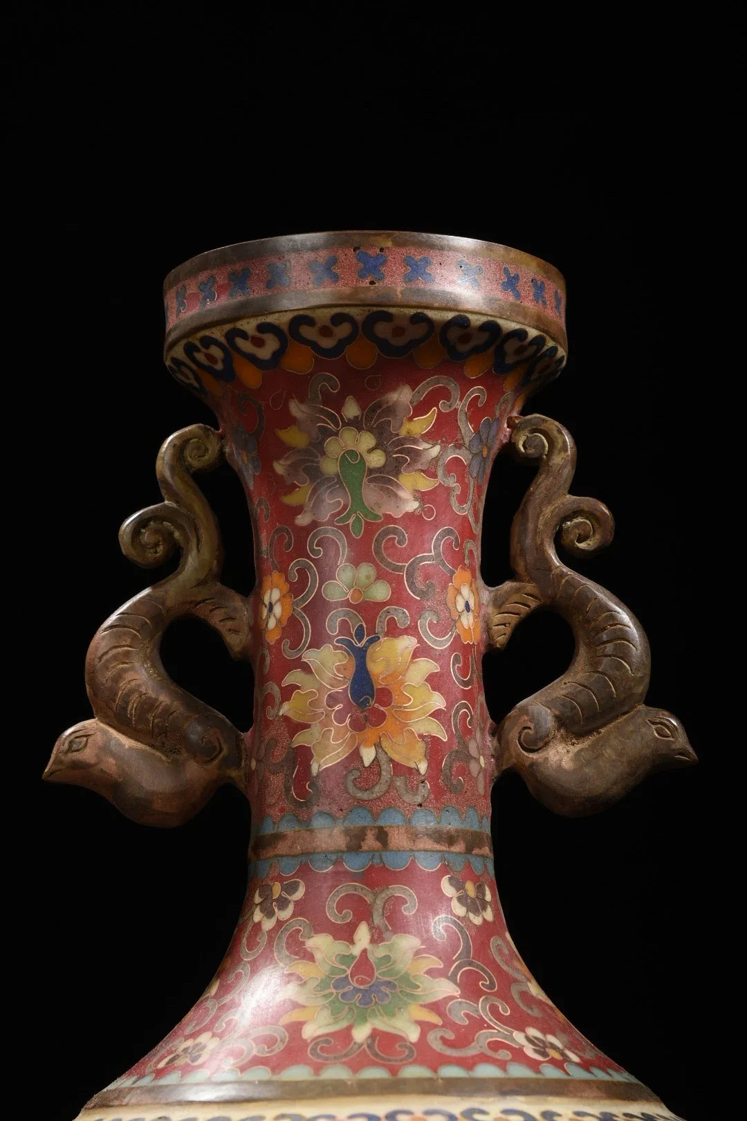 Tibetan Temple Purple-Bronze Cloisonné Vases – Dragon-Ear Flower Pair (14")