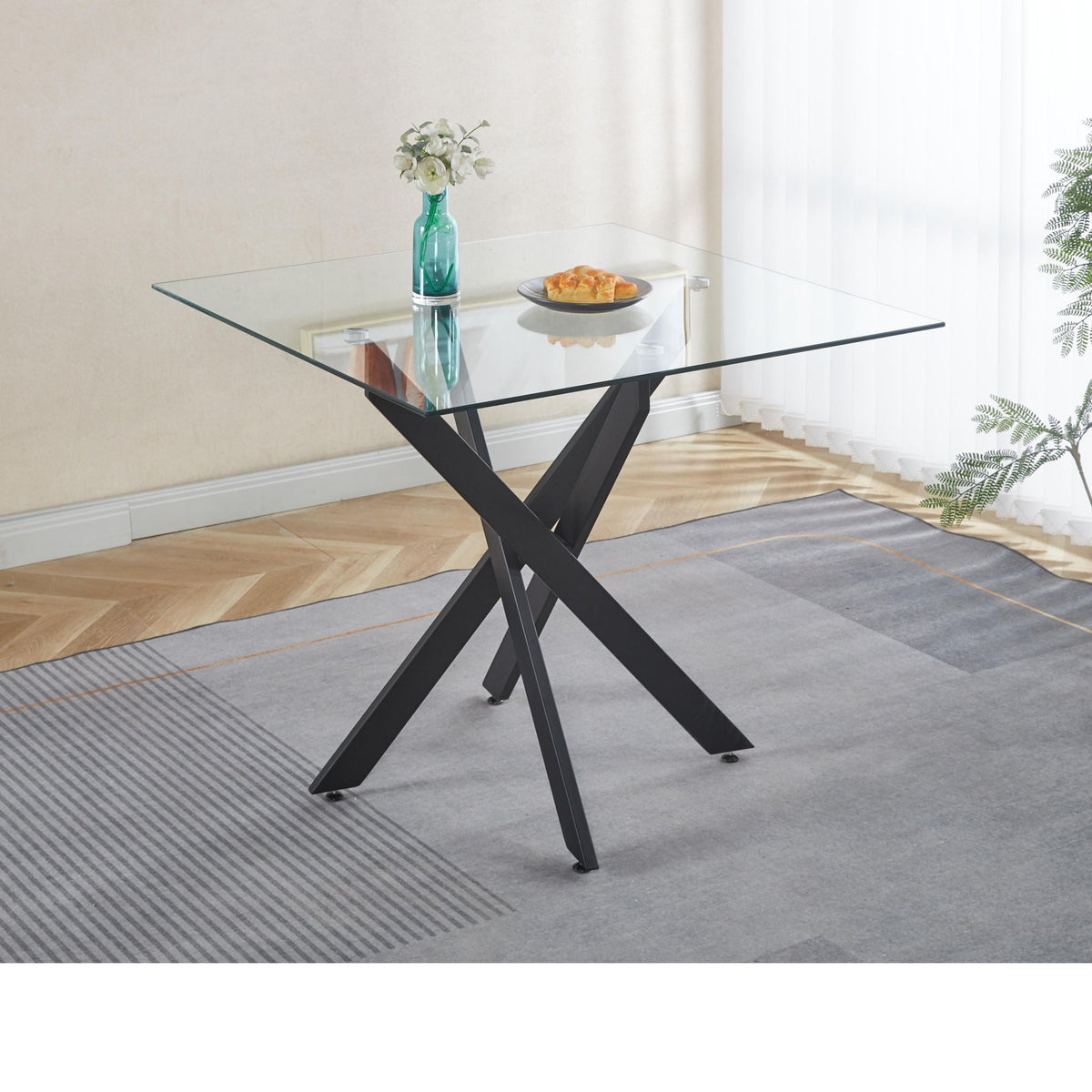Dining Table With Cross Metal Leg And Tempered Glass, Modern Space Saving Kitchen Table For Living Room Legs, Square Table