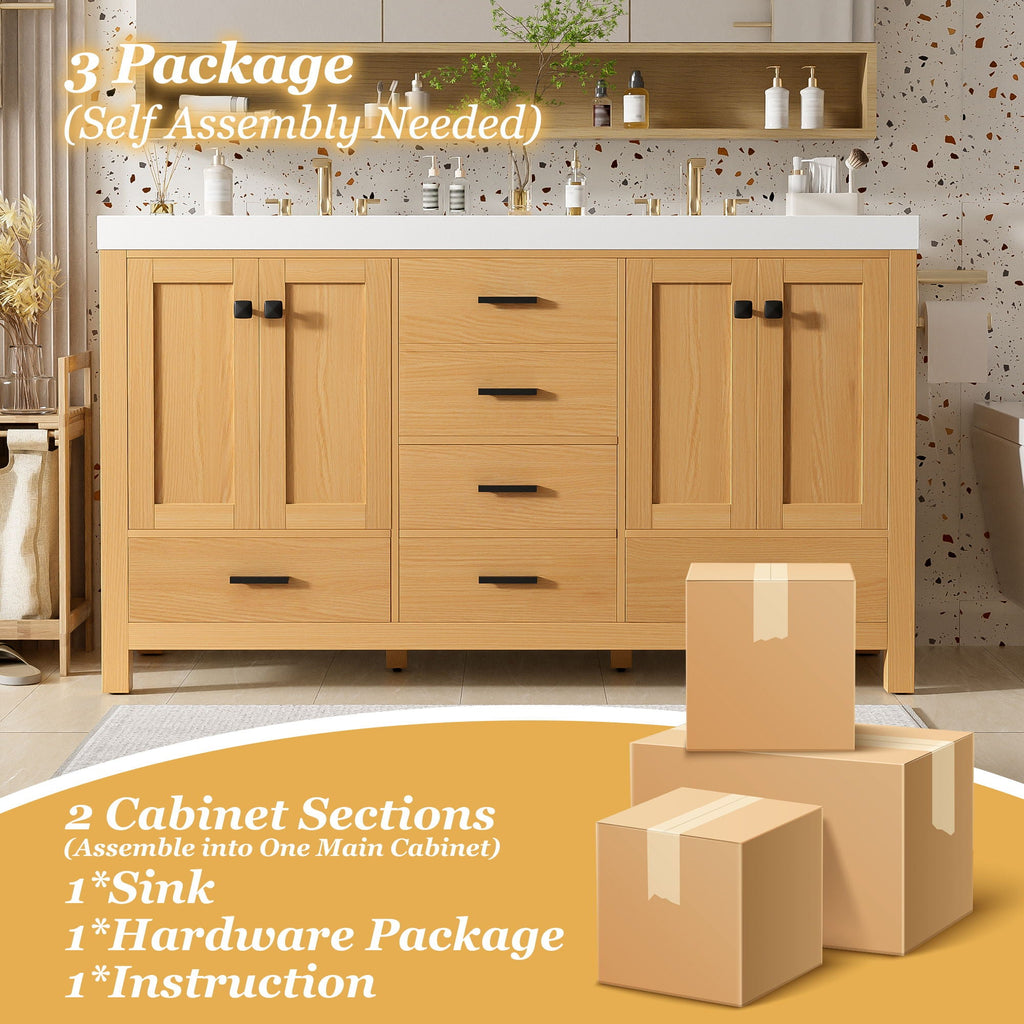 Bathroom Vanity With Double Sink, Soft Close Doors & Drawers Handles - Wood