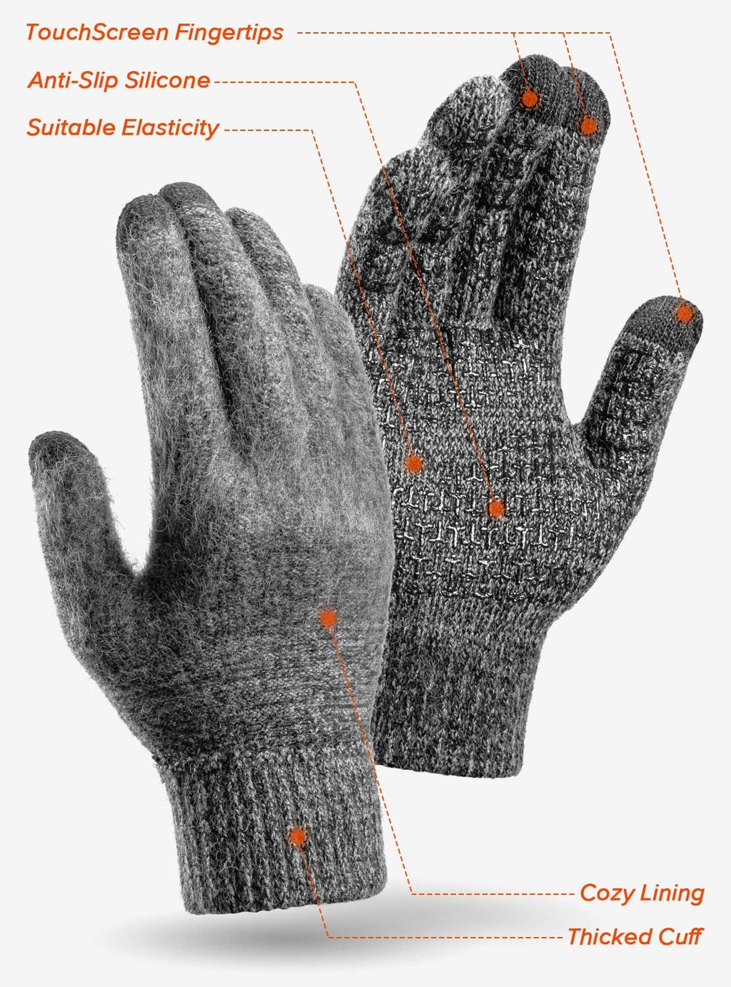 Merino Wool Winter Gloves for Men Women, Cold Weather Warm Touchscreen Unisex, Non-Slip, Knit Elastic Cuff