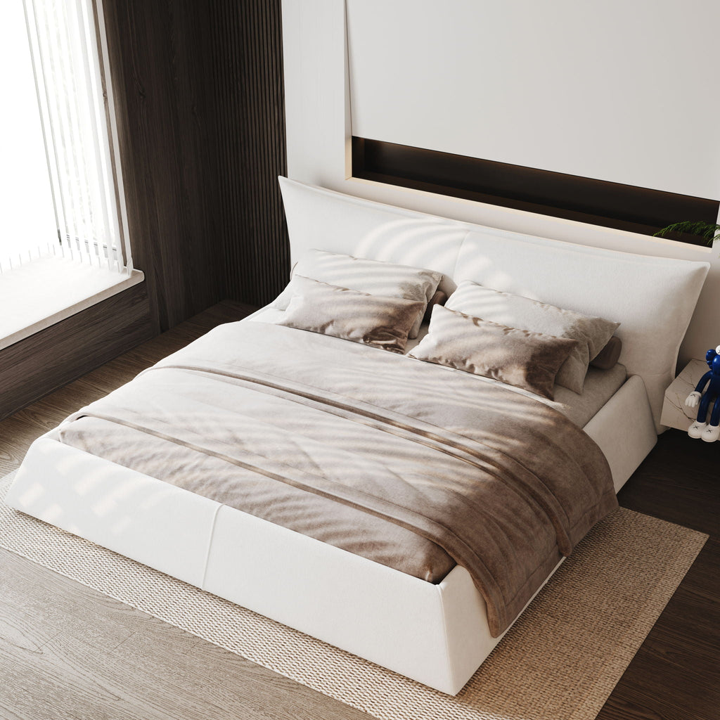 King Size Platform Bed With Special-Shaped Headboard - Cream