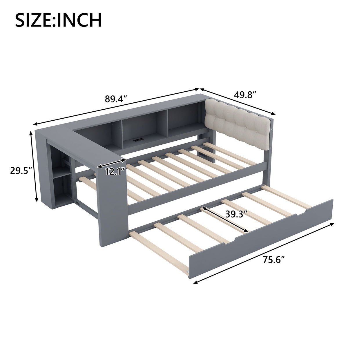 Upholstered Headboard Platform Bed with Storage Shelves, Trundle, and Charging Station