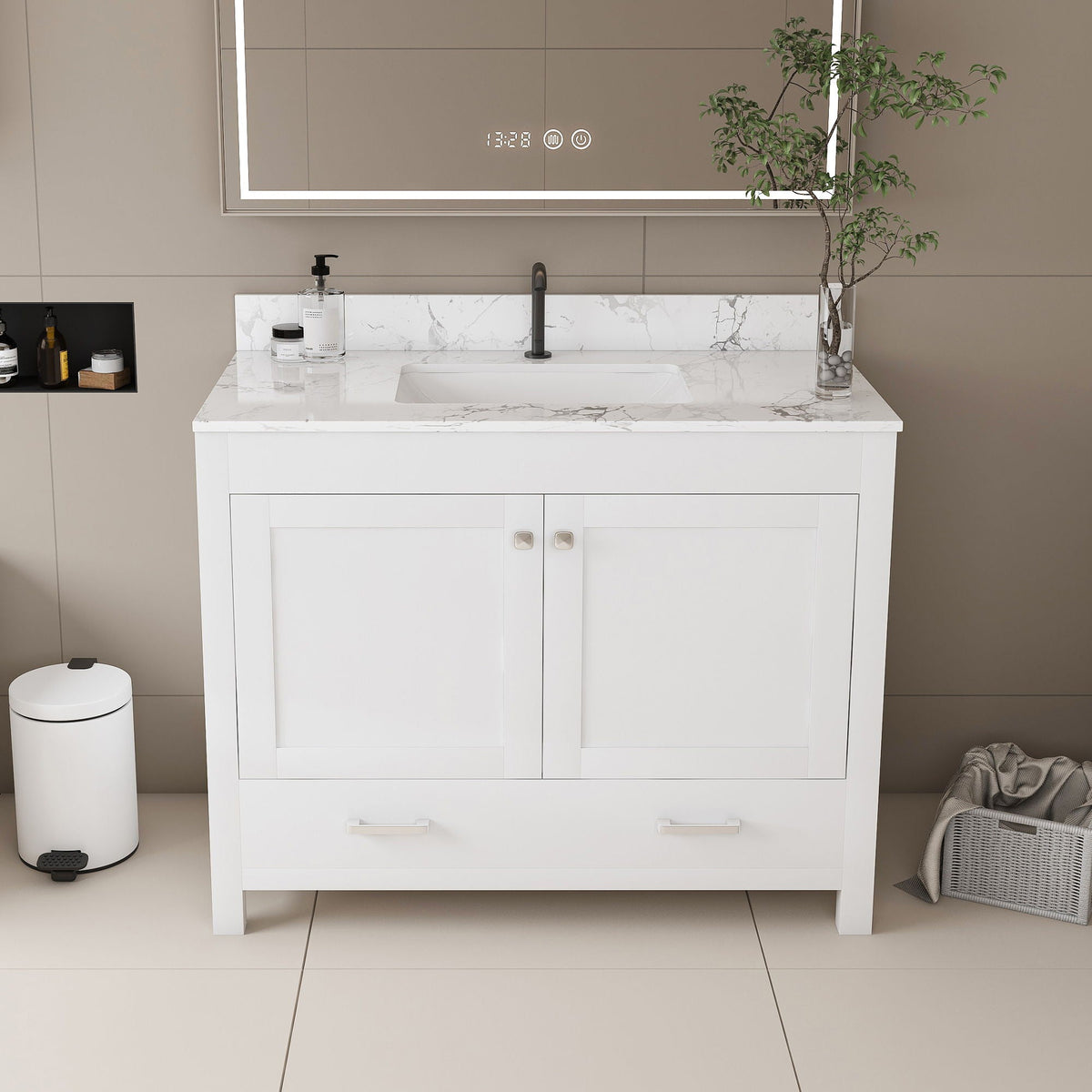43" Bathroom Vanity With Artificial Marble Carrara Top Set, Multi Functional Cabinet With Doors And Drawer - White