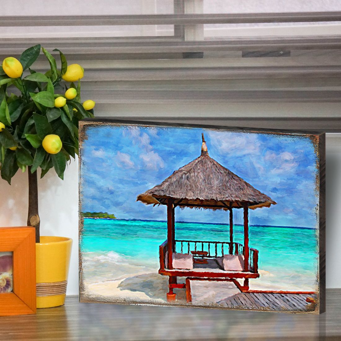 Beach Cabana Wood Wooden Coastal Wall Art by Nature Wonders - Coastal Sea-Life Decor - 95270B