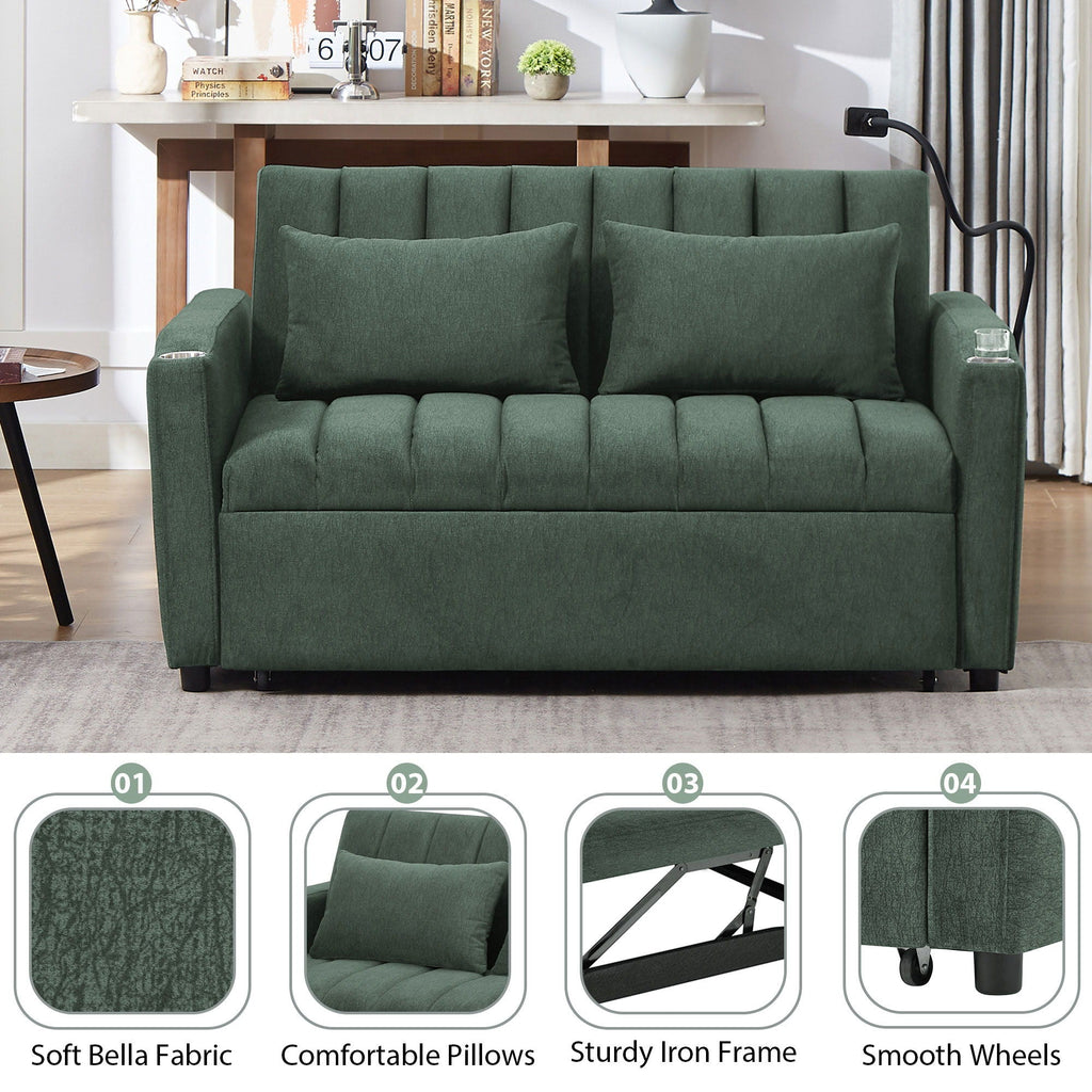 Convertible Sofa Bed Loveseat Sofa With Three USB Ports, Two Side Pockets, Two Cup Holders And 360° swivel Phone Holder For Living Room