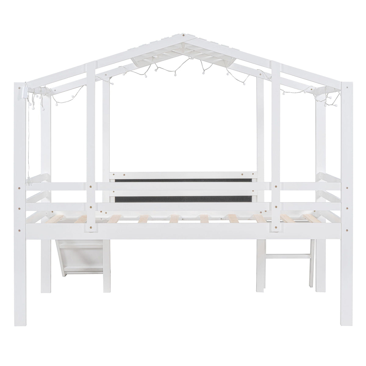 Loft House Bed With Ladder And Slide, With board And Light Strip On The Roof