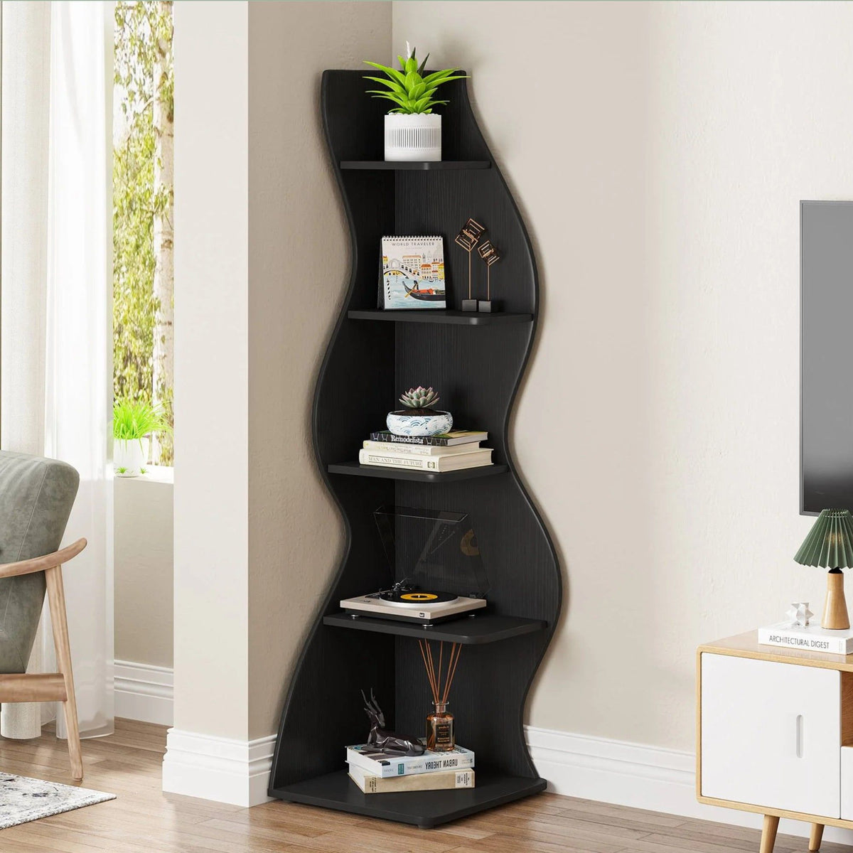 5 Tier Wavy Corner Bookshelf And Plant Stand For Living Room