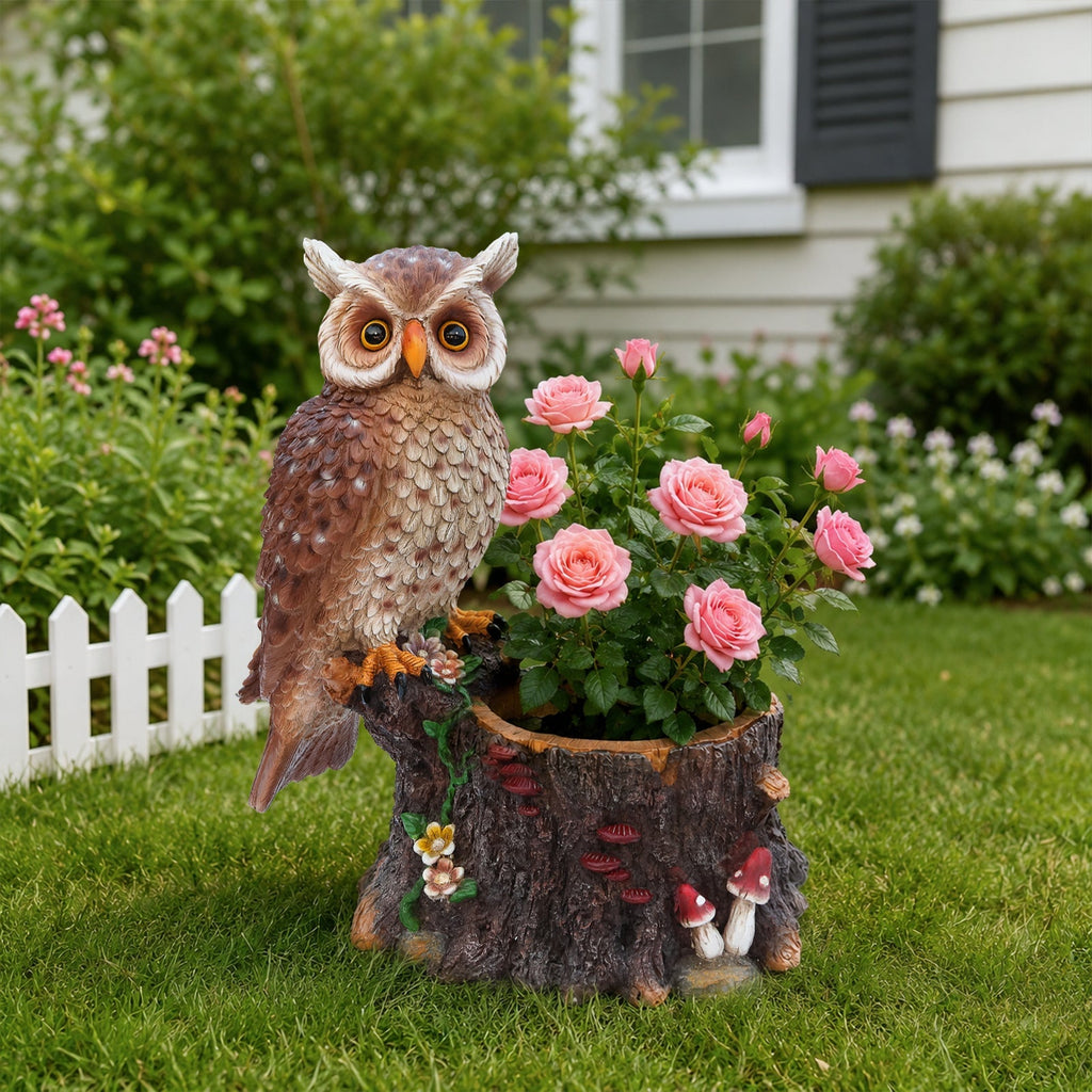 Sitting Owl with Tree Trunk Garden Planter