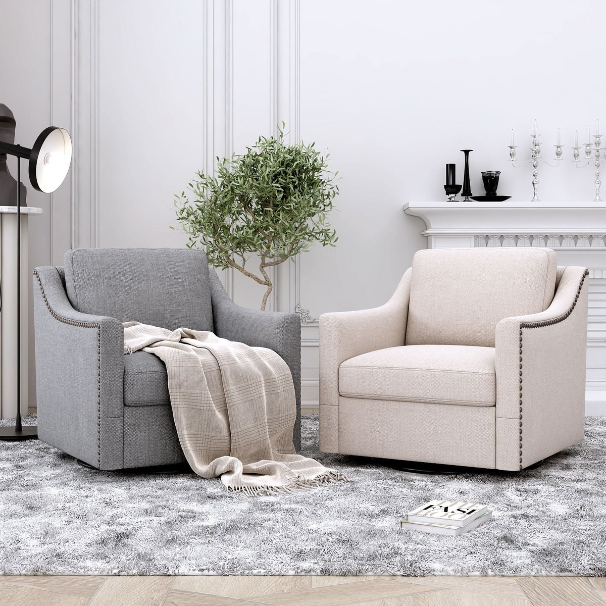 360 Degree Swivel Armchair, Skin Friendly Fabric, Ergonomic Design, Brass Nail Decorative Armchair