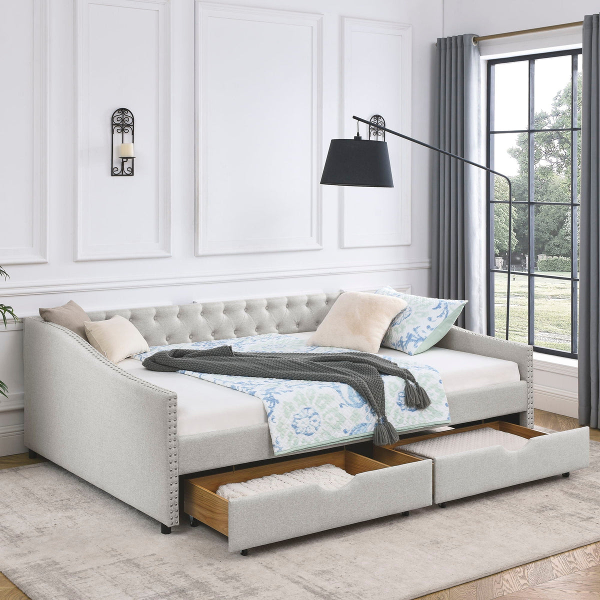 Upholstered Tufted Daybed With Drawers, Waved Arms