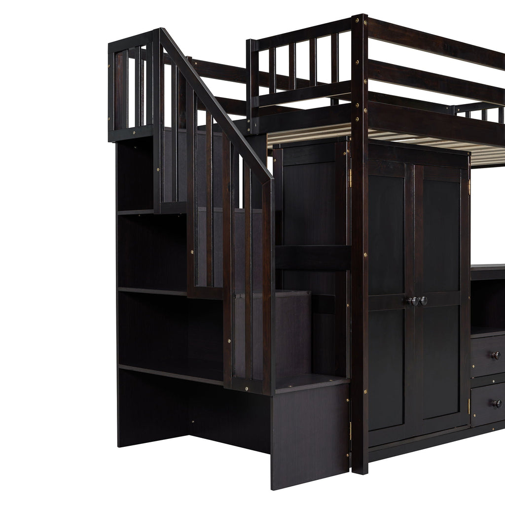 Loft Bed With Stairs, Bookshelf, Drawers, Desk & Wardrobe, Space Saving Multifunctional Furniture