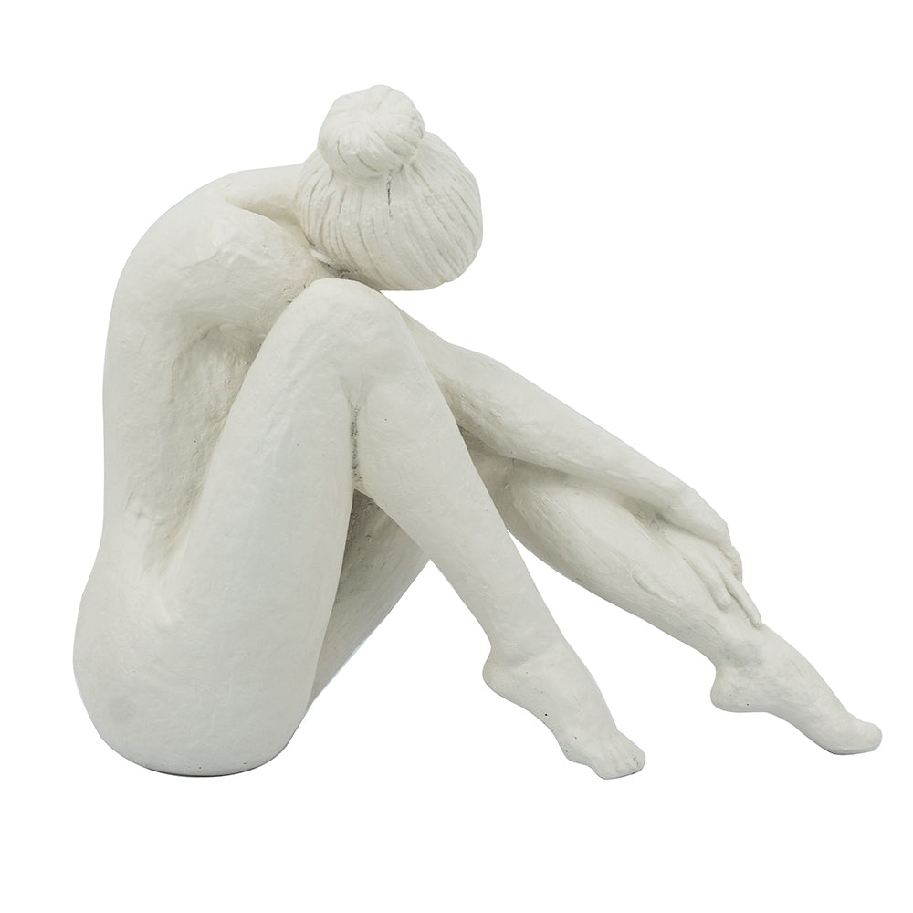10.5x4.5x9' Seated Stone and Resin Woman Figurine with Smooth White Finish