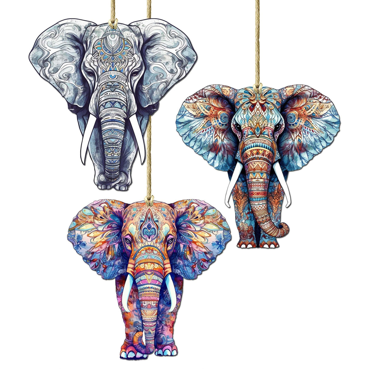 Elephants Decorative Eco Wood Ornaments Set of 3 by G. Debrekht - Wildlife Decor - 8091036-S3
