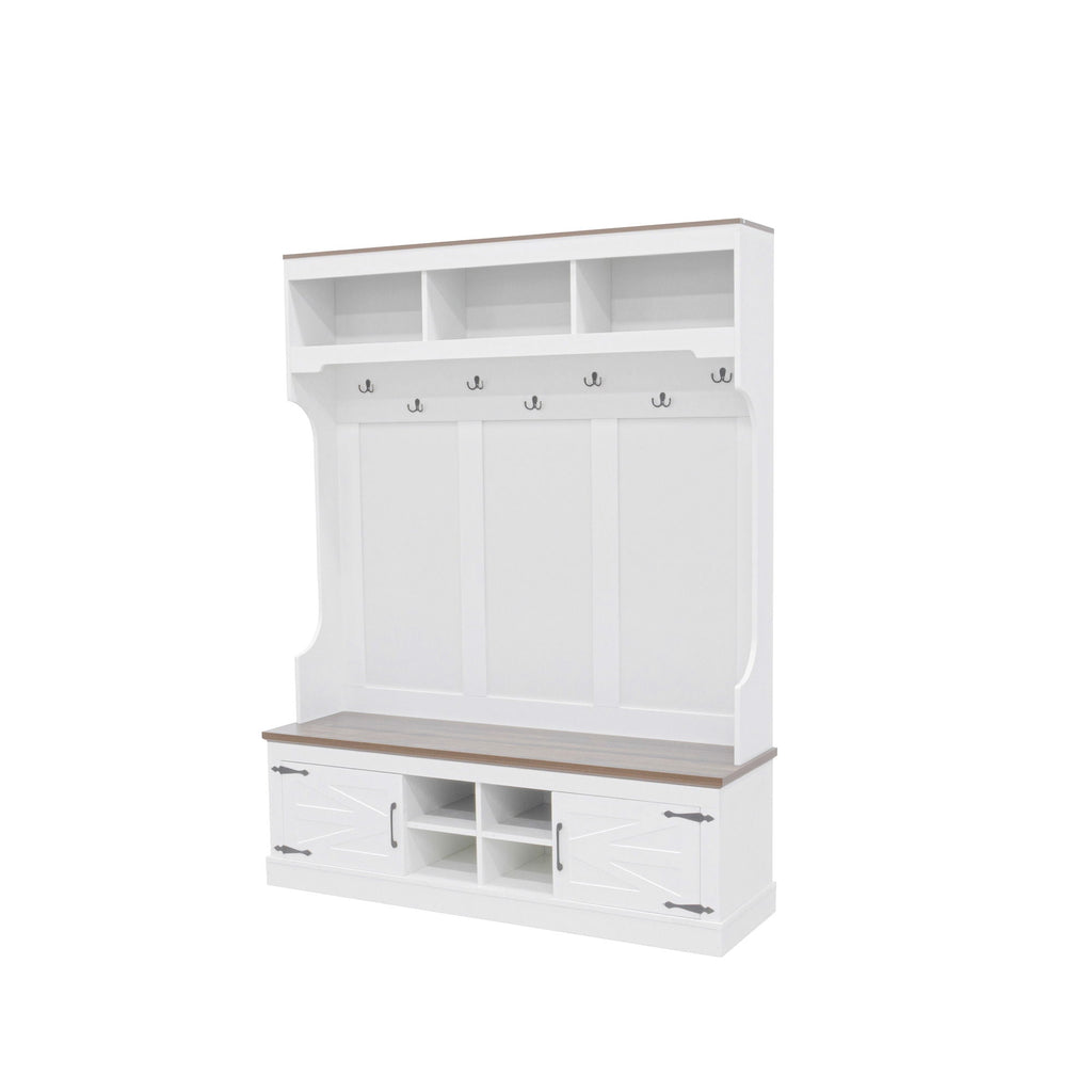 Hall Tree With Bench And Shoe Storage, 5 In 1 Entryway Organizer Cabinet With Coat Rack, 4 Shoe Cubbies & 7 Hooks - White