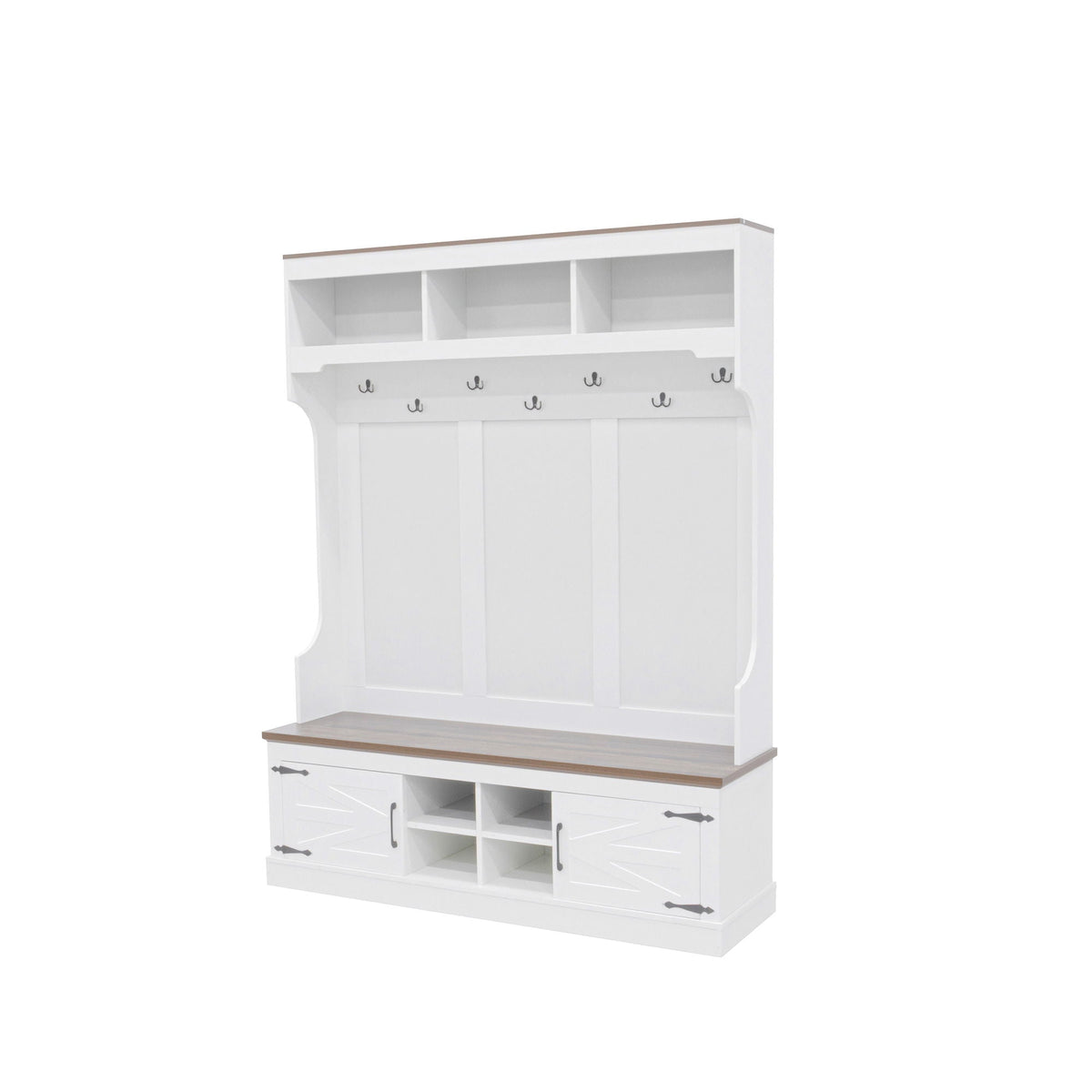Hall Tree With Bench And Shoe Storage, 5 In 1 Entryway Organizer Cabinet With Coat Rack, 4 Shoe Cubbies & 7 Hooks - White