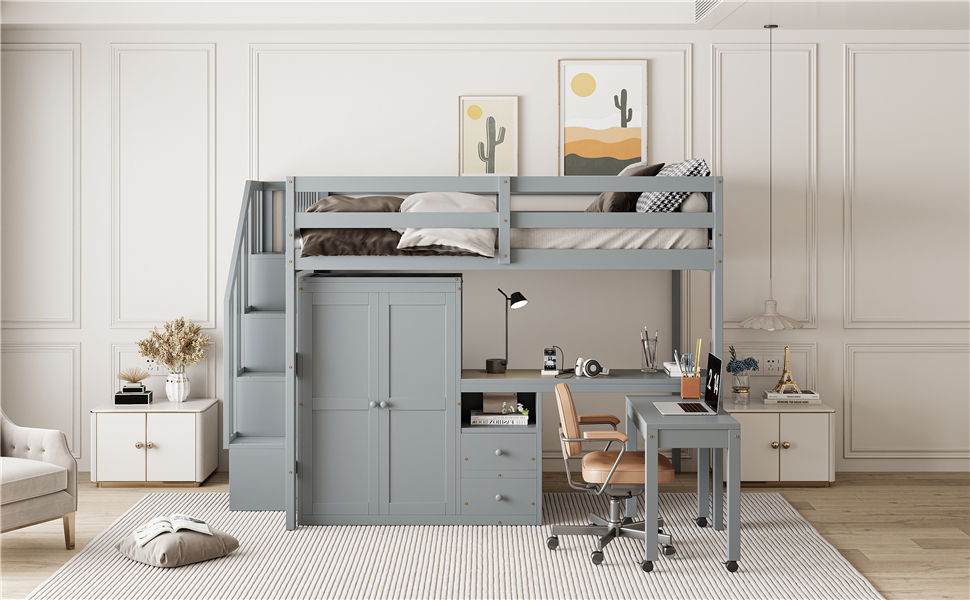 Loft Bed With Stairs, Bookshelf, Drawers, Desk & Wardrobe, Space Saving Multifunctional Furniture