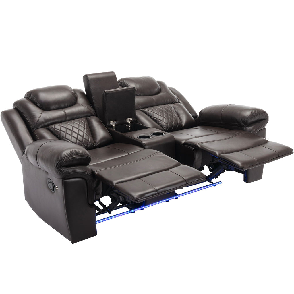 3 Pieces Recliner Sofa Sets Home Theater Seating Manual Recliner Chair With Center Console And LED Light Strip For Living Room