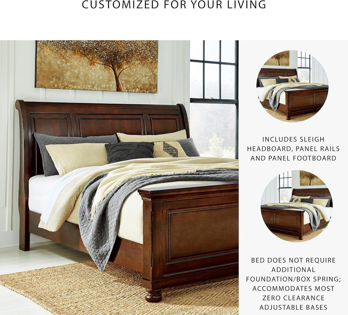 Signature Design by Ashley Porter Traditional King Sleigh Bed with Bun Feet, Foundation or Box Spring Needed, Dark Brown