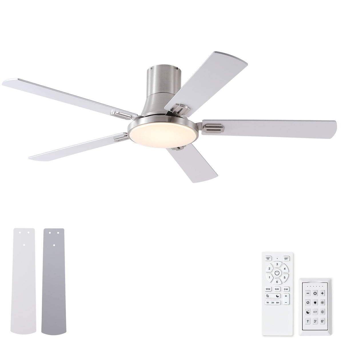 Flush Mount Ceiling Fans With LED Light And Remote Control, 5 Blades