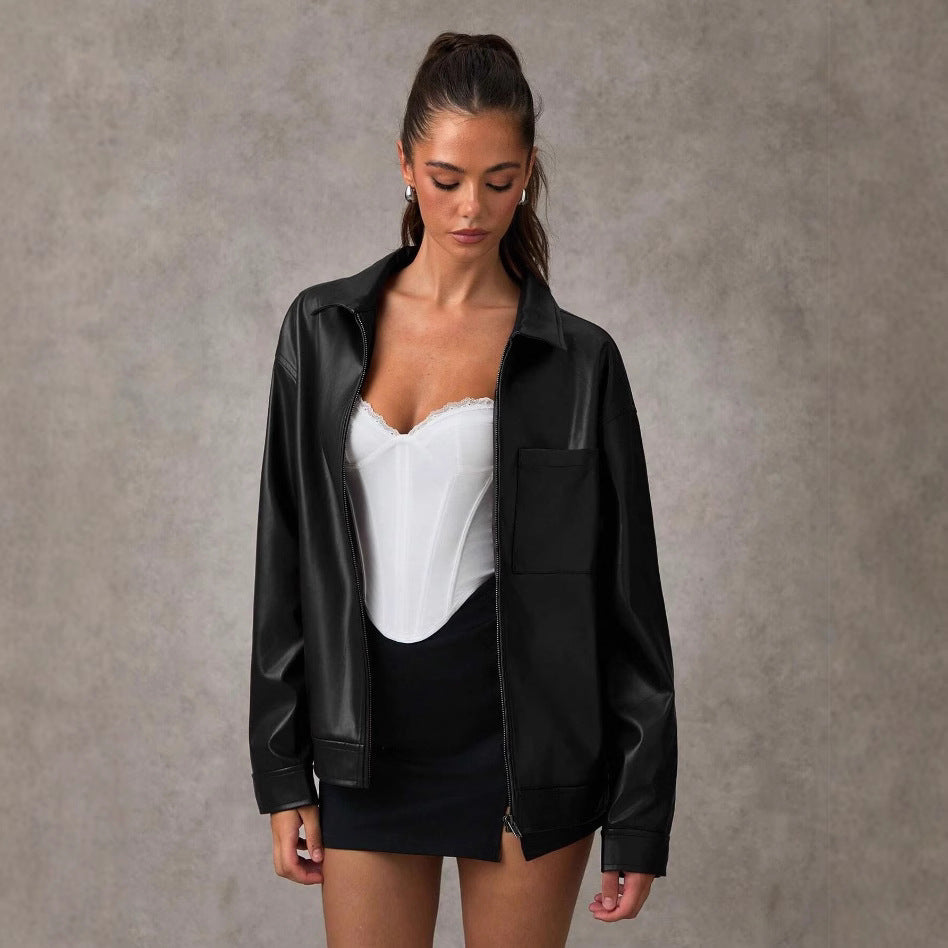 High-end Sophisticated Leather Jacket With A Lapel Collar And Zipper-front Cardigan Top