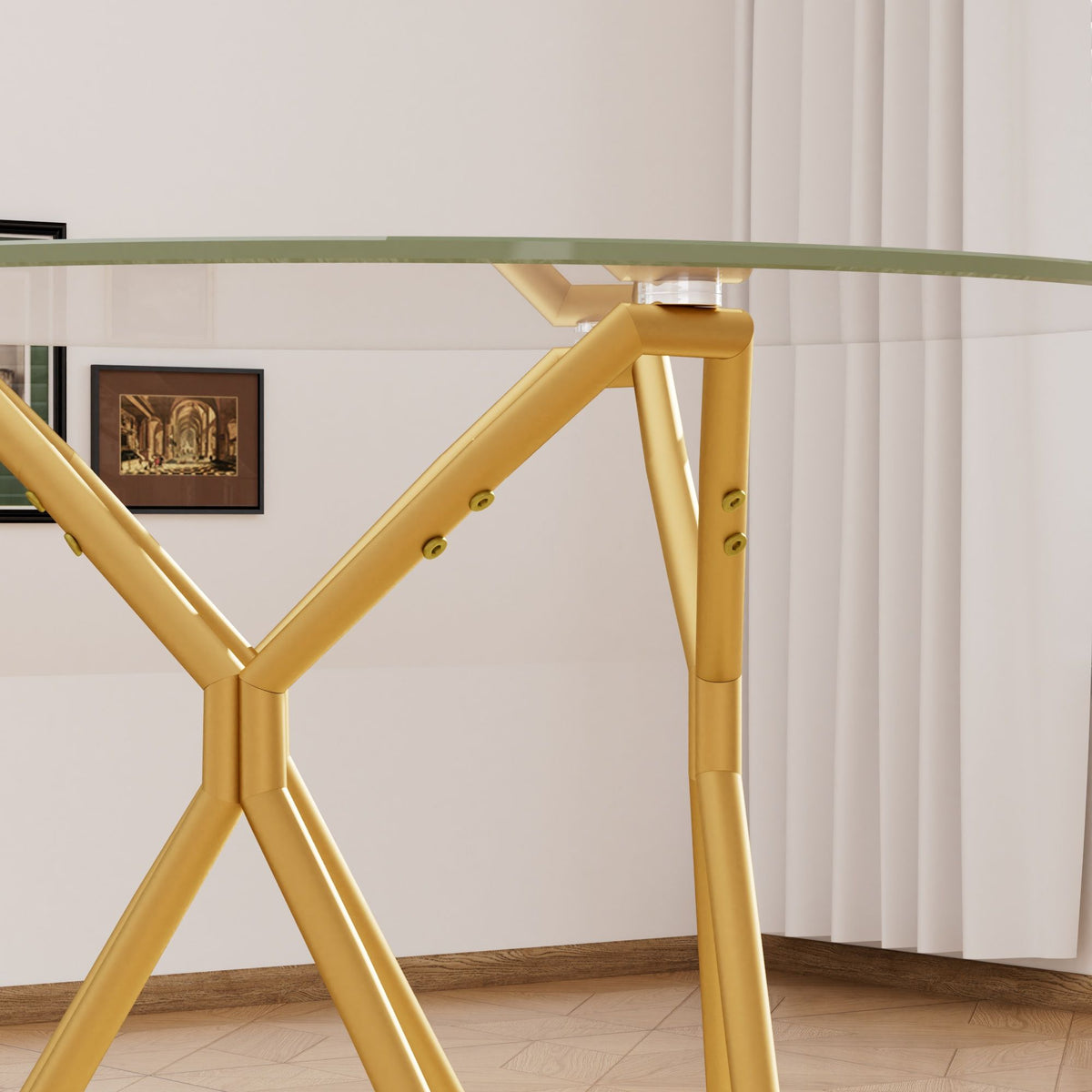 Modern Round Tempered Glass Dining Table With Sturdy Metal Legs For 1 - 4 People - Gold