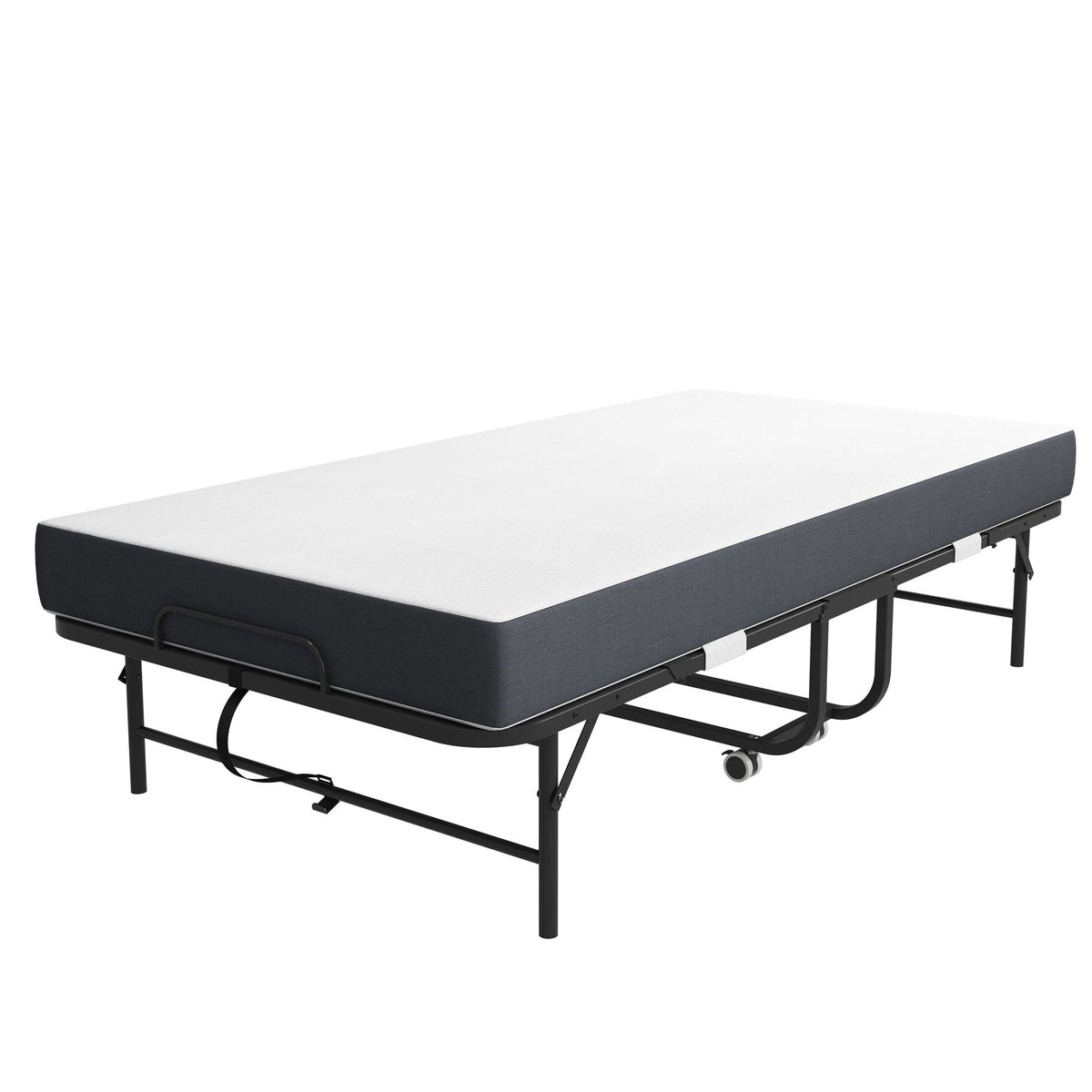 Twin Extra Long Folding Bed For Tall People, Heavy-Duty Rollaway Guest With Memory Foam Mattress - Black