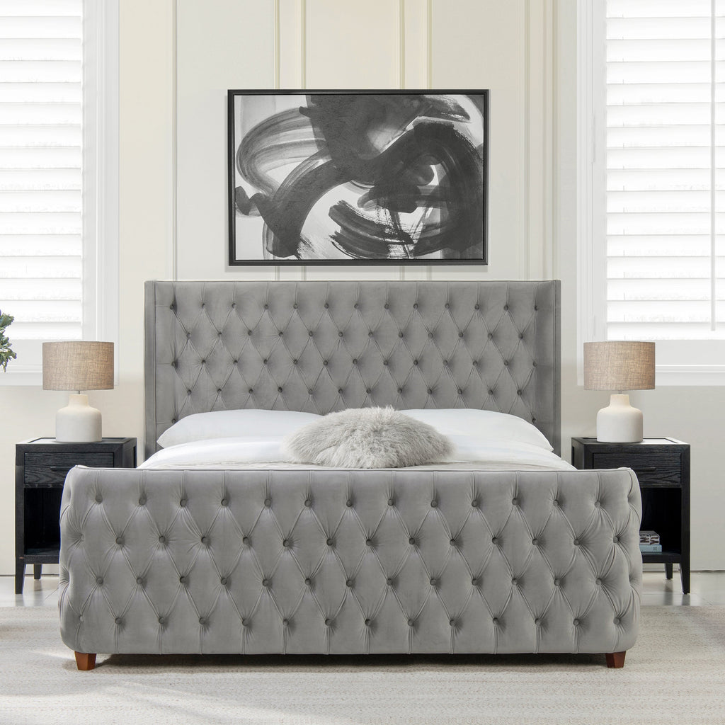 Brooklyn King Tufted Panel Bed Headboard and Footboard Set, Opal Grey Velvet