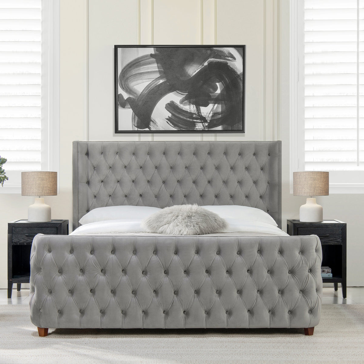 Brooklyn King Tufted Panel Bed Headboard and Footboard Set, Opal Grey Velvet