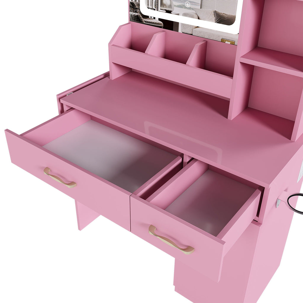 Vanity Desk With LED Mirror Lights And Power Outlet Charging Station, 3 Drawers, 7 Shelves, Storage Stool - Pink