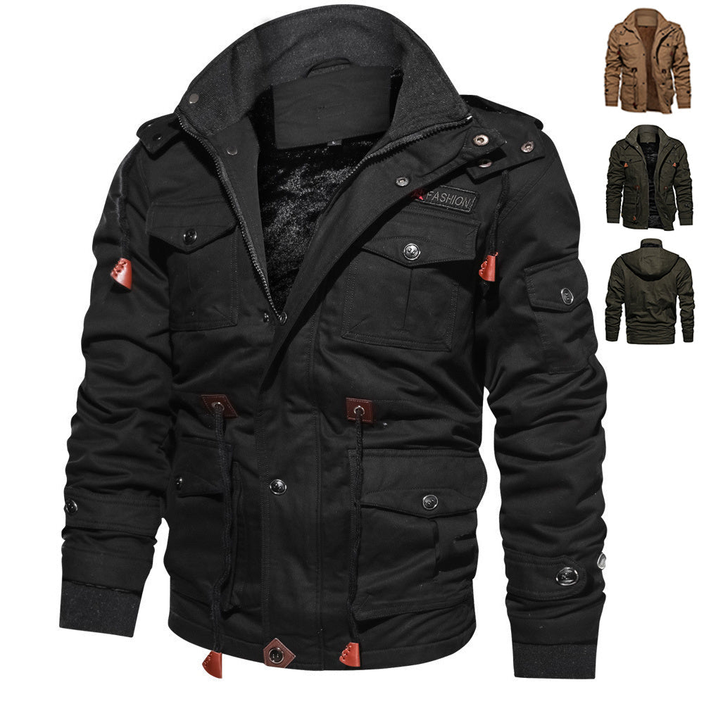 Winter Zip-up Coat Warm Thickened Detachable Hooded Jacket Multi-pocket  Button Drawstring Long Sleeve Tops Men's Cargo Clothing