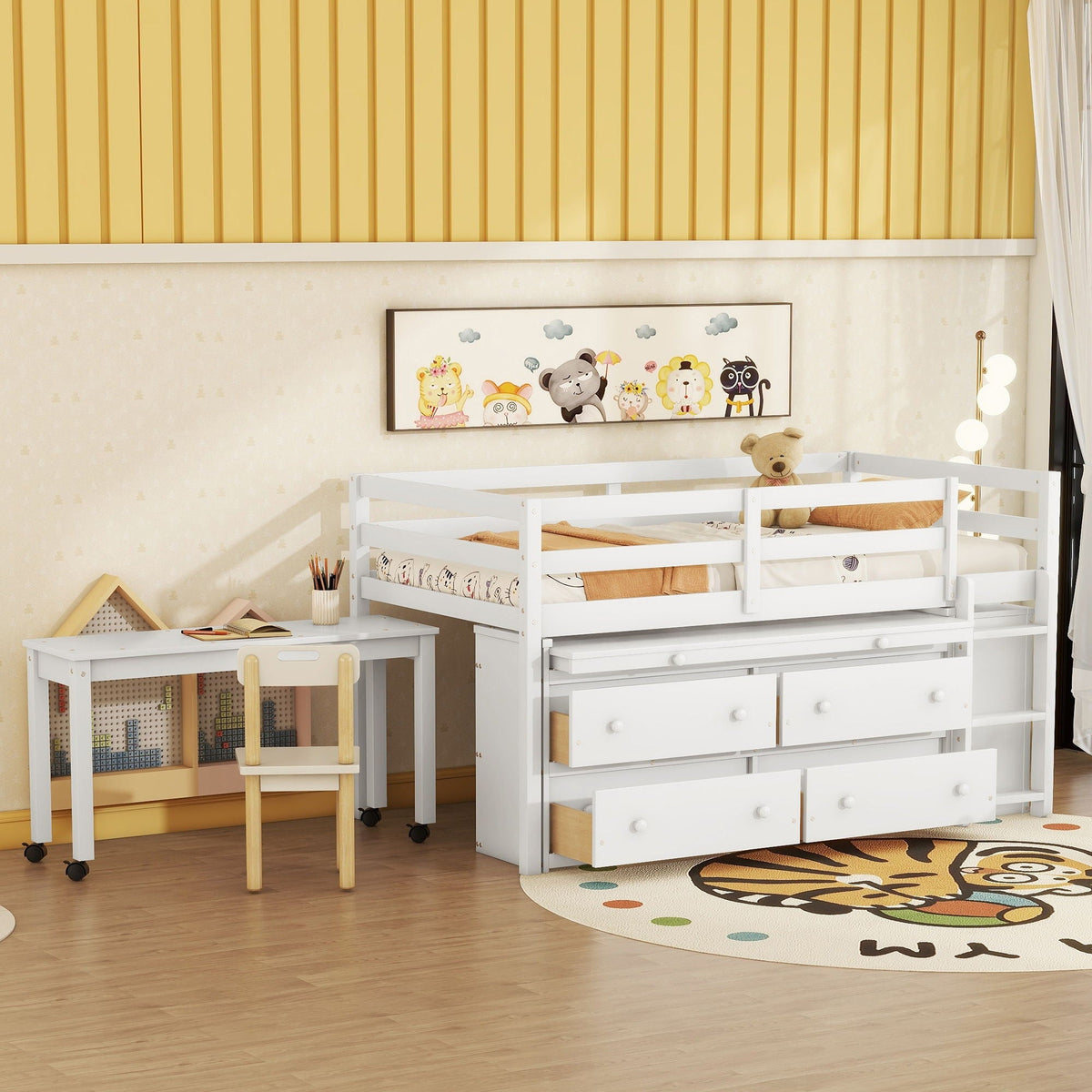 Loft Bed With Retractable Writing Desk And 4 Drawers, With Lateral Portable Desk And Shelves