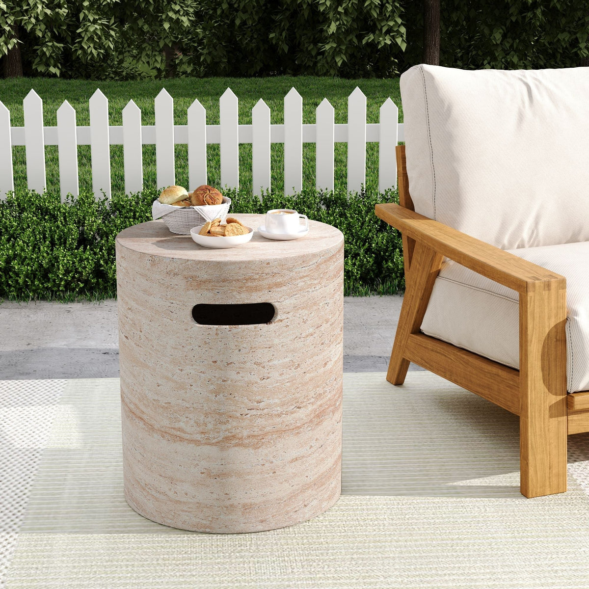 Modern Concrete Side Table With Travertine, Indoor / Outdoor Use - Beige