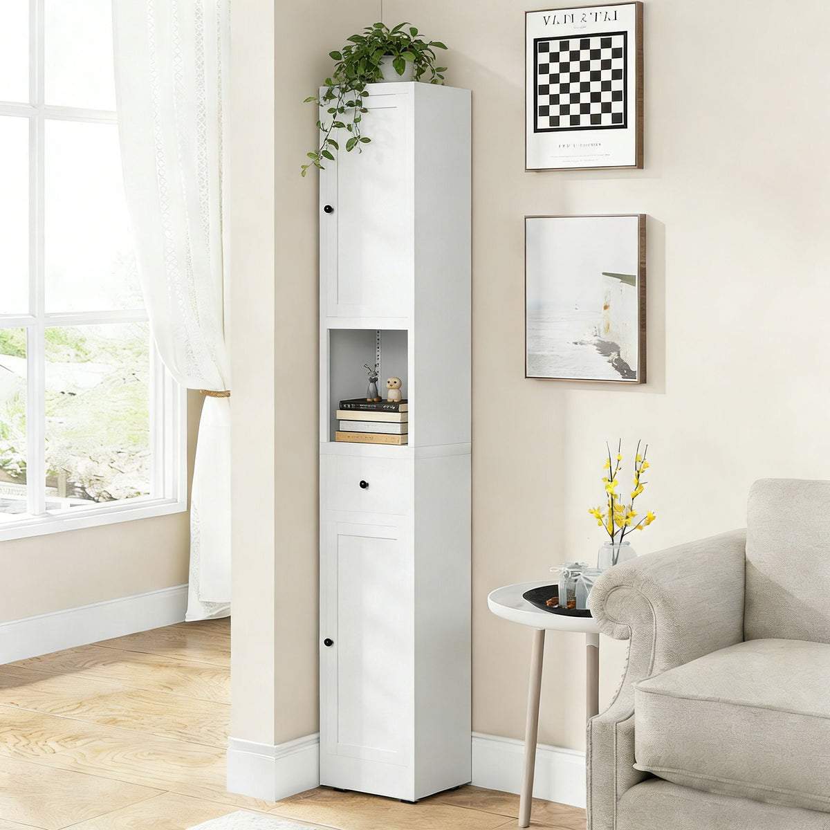 Tall Bathroom Storage Cabinet, 5-Tier Narrow With 2 Doors & Adjustable Shelves, Freestanding - White